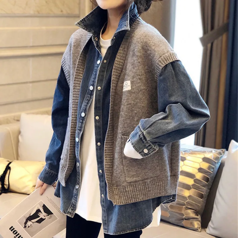 2021 Autumn Winter New Fake Two Piece Knitted Female Denim Patchwork Sweater Coat Women's Fashion Clothing N273
2021 Autumn Winter New Fake Two Piece Knitted Female Denim Patchwork Sweater Coat Women's Fashion Clothing N273