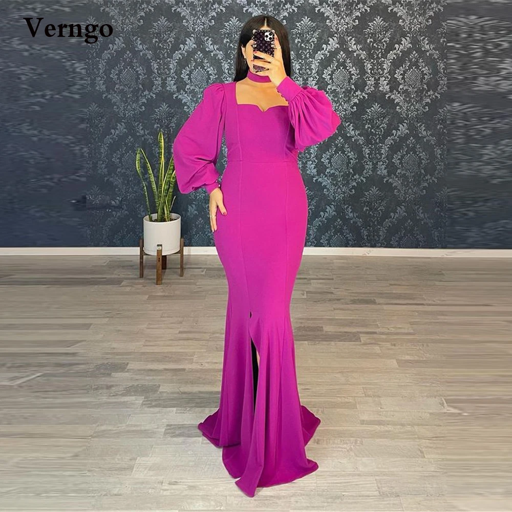 Verngo Modest Fuchscia Strech Mermaid Prom Dresses Puff Long Sleeves Front Slit Black Evening Gowns Dubai Women Formal Dress
Verngo Modest Fuchscia Strech Mermaid Prom Dresses Puff Long Sleeves Front Slit Black Evening Gowns Dubai Women Formal Dress