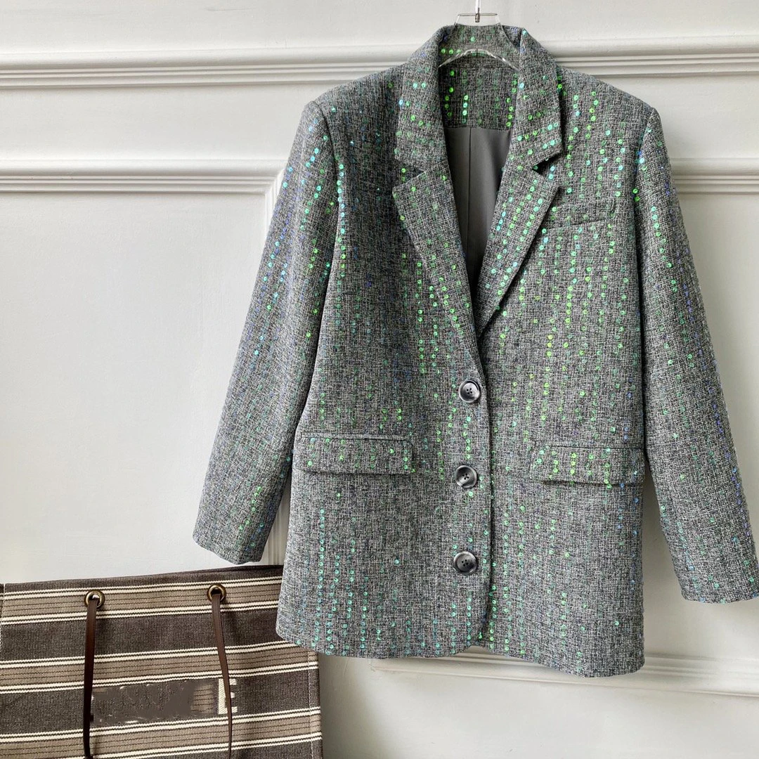 Ladies 2021 New High Quality Fashion Long Sleeve Lapel Solid Color Sequined Duffle Blazer 1012
Ladies 2021 New High Quality Fashion Long Sleeve Lapel Solid Color Sequined Duffle Blazer 1012