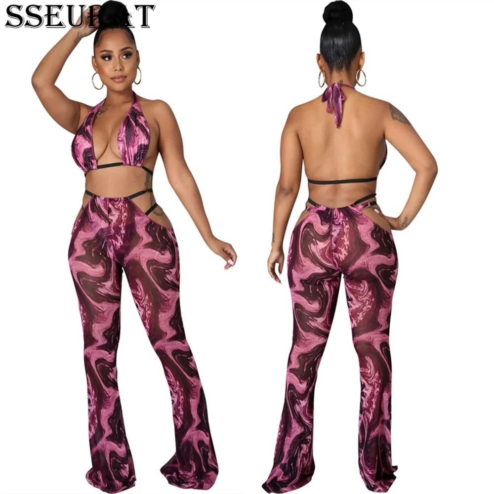 SSEURAT Women Set Print Halter Bra Tops Low Waist Paties Strechy Full Flare Pants Three Piece Sets Sexy Night Club Outfit Summer
SSEURAT Women Set Print Halter Bra Tops Low Waist Paties Strechy Full Flare Pants Three Piece Sets Sexy Night Club Outfit Summer