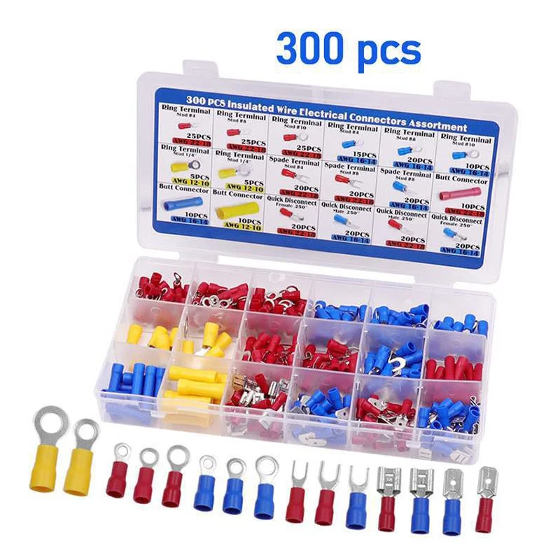 300Pcs Cold Press Terminal Set Assorted Insulated Electrical Wire Terminals Crimp Connector Spade Butt Ring Fork Set Socket Set
300Pcs Cold Press Terminal Set Assorted Insulated Electrical Wire Terminals Crimp Connector Spade Butt Ring Fork Set Socket Set