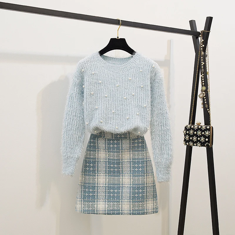 Spring Autumn Women Plaid Skirt Knitted Beading Pullover Sweater Two Pcs Leisure Suit Outfit Top
Spring Autumn Women Plaid Skirt Knitted Beading Pullover Sweater Two Pcs Leisure Suit Outfit Top