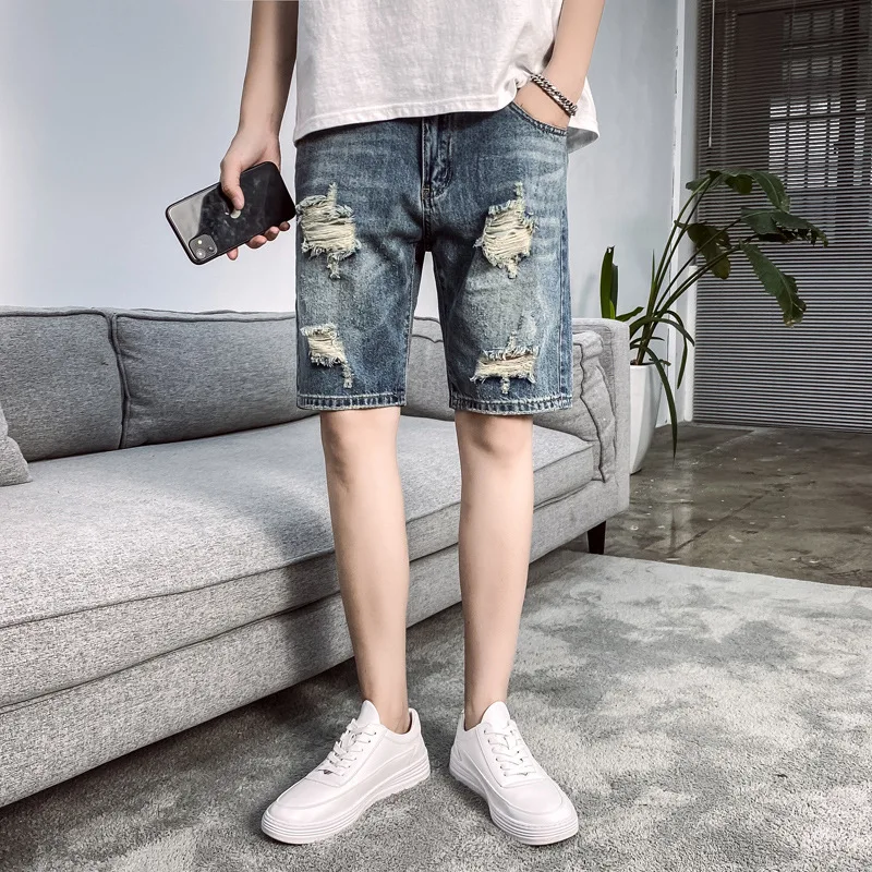Summer Thin Ripped Denim Shorts Men's Korean Loose Stretch Straight All-Match Five-Point Pants Casual Student Short Jeans 
Summer Thin Ripped Denim Shorts Men's Korean Loose Stretch Straight All-Match Five-Point Pants Casual Student Short Jeans