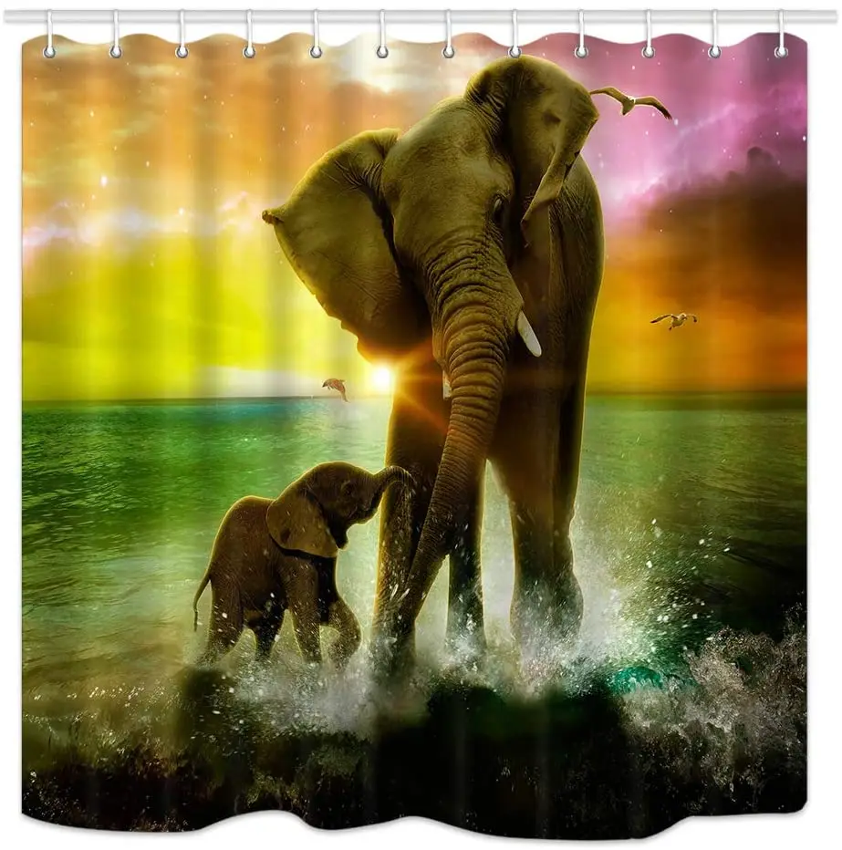 Animal Theme Shower Curtain Safari Art Africa Elephant and Baby Playing in Ocean at Sunrise Fabric Bathroom Decor Bath Curtains
Animal Theme Shower Curtain Safari Art Africa Elephant and Baby Playing in Ocean at Sunrise Fabric Bathroom Decor Bath Curtains