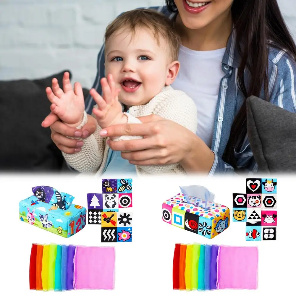 

Reusable Square Sensory Toys - Soft Stuffed Sensory Wonder Tissue Box - Sensory Baby Tissue Box High Contrast Preschool Learnin