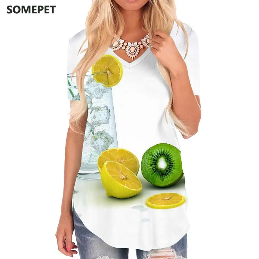 Футболка женская с рисунком лимона, V-образным вырезом
Футболка женская с рисунком лимона, V-образным вырезом