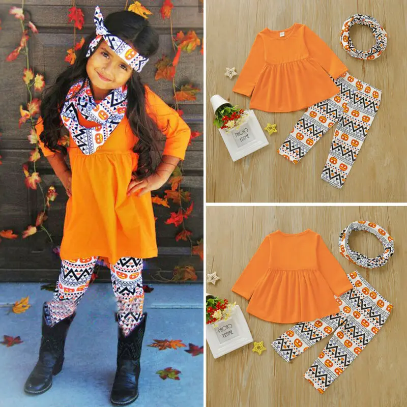 Fashion Toddler Baby Girls Halloween Clothes Set Tops Long Sleeve T-Shirt Stripe Pants Scarf Pumpkin Outfits Autumn 1-6T | Мать и ребенок
