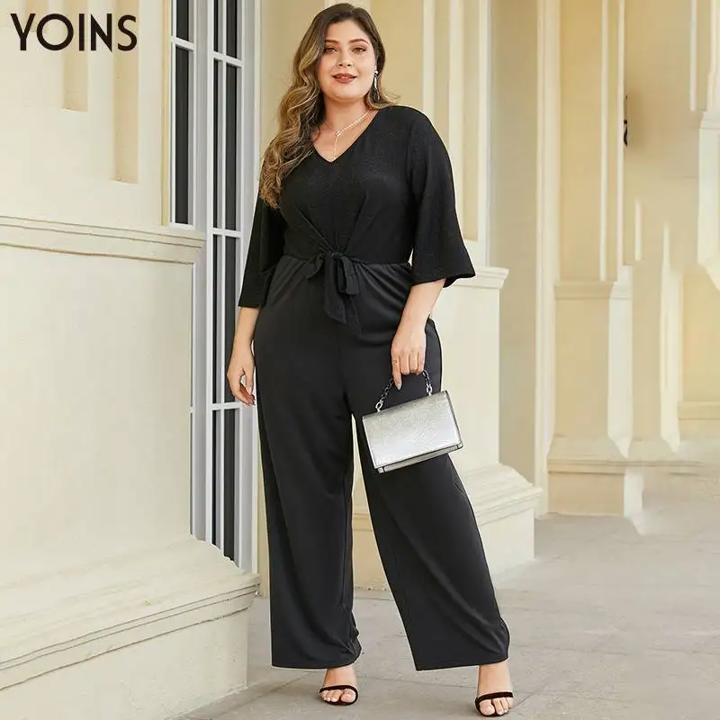 YOINS Women Elegant Tie-up V-neck 3/4 Length Sleeve Jumpsuit 2020 Casual Rompers Playsuits Female Overalls Plus Size Body Tops |