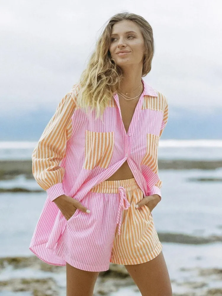 Striped lapel top with pockets long-sleeved women's casual shirt suit
Striped lapel top with pockets long-sleeved women's casual shirt suit