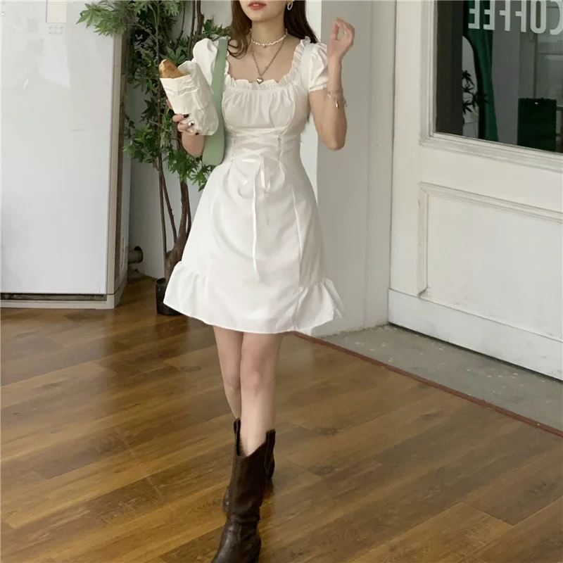 

Preppy Style Square Collar White Ruffled Puff Sleeve Platycodon Grandiflorum White Waisted Tied Dress Female First Love Little