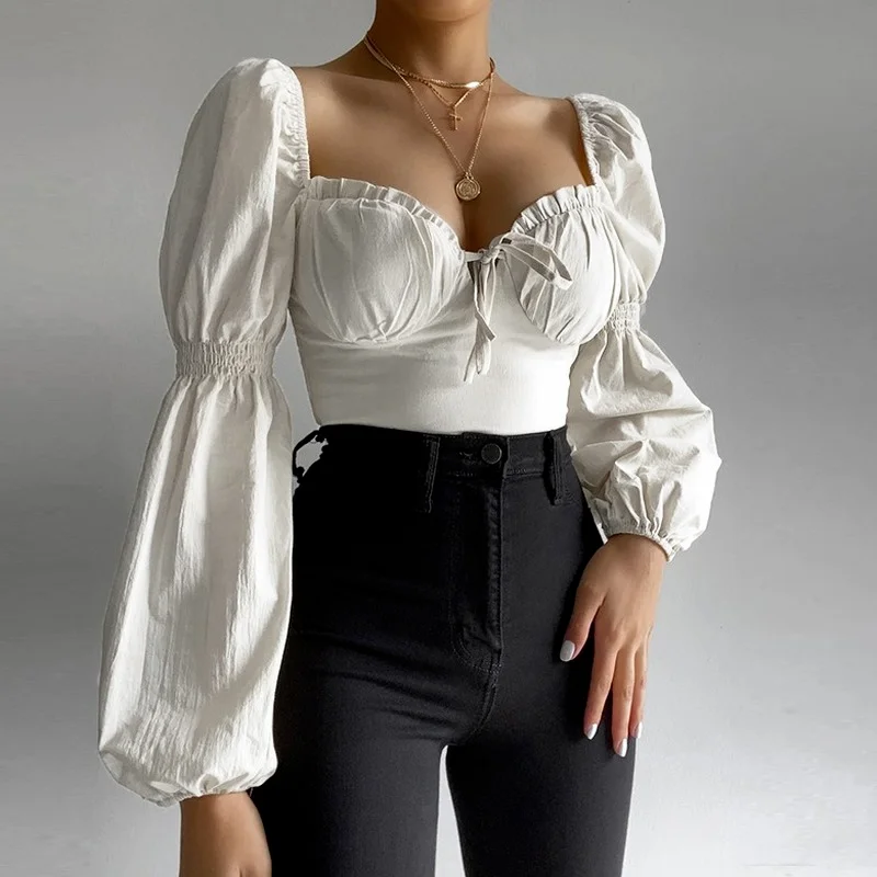 Autumn Puff Sleeve Blouses V Neck Tie Up Backless Streetwear Ruched Crop Top Sexy White Square Collar Fashion Casual Women Tops
Autumn Puff Sleeve Blouses V Neck Tie Up Backless Streetwear Ruched Crop Top Sexy White Square Collar Fashion Casual Women Tops