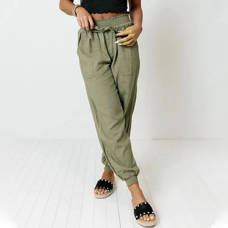 Брюки Женские однотонные из хлопка и льна с большими карманами 
Брюки Женские однотонные из хлопка и льна с большими карманами
