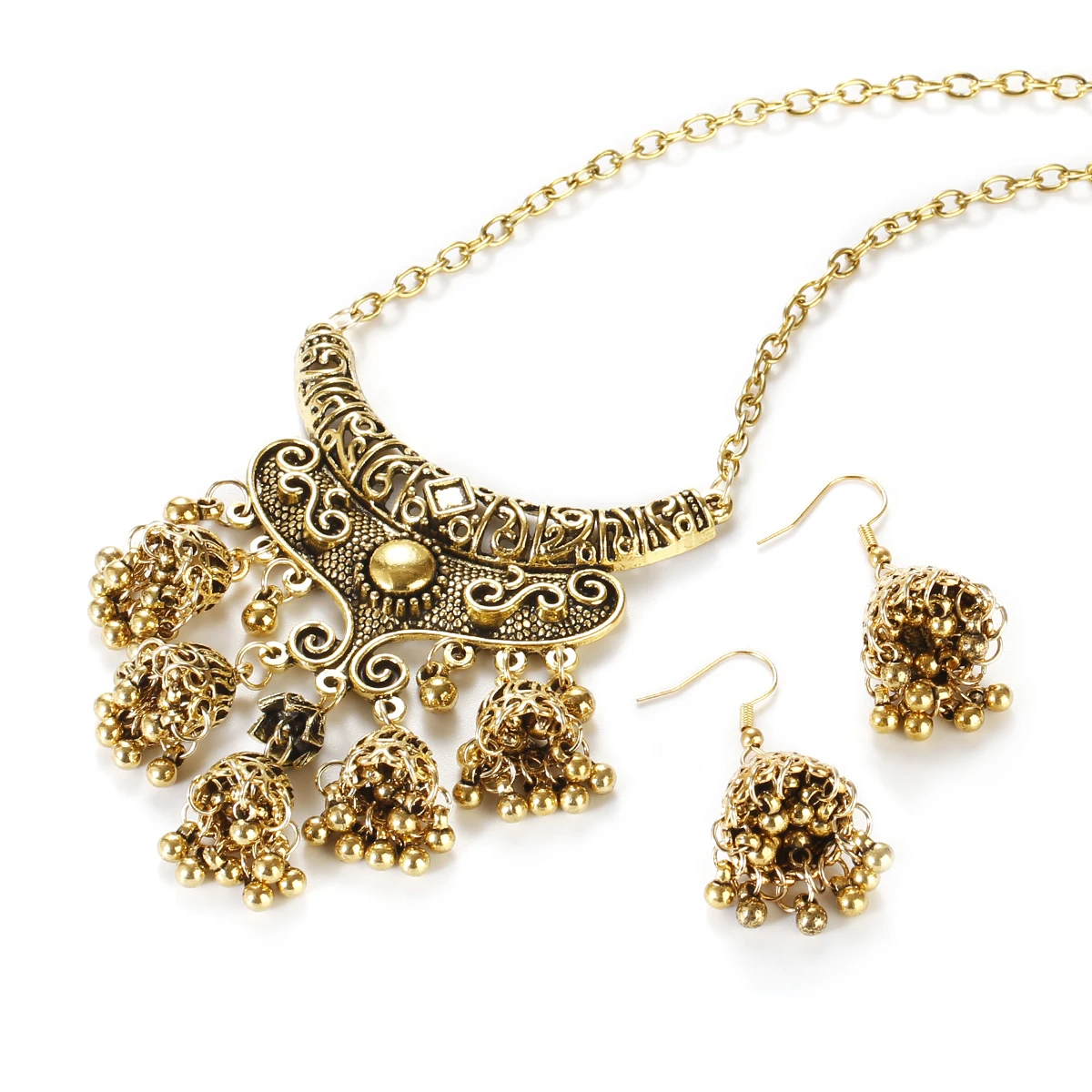 Ethnic Indian Women Jewelry Gold Color Carved Earring/Necklace Set Vintage Wedding Jewelry Hangers Jhumka Earrings
Ethnic Indian Women Jewelry Gold Color Carved Earring/Necklace Set Vintage Wedding Jewelry Hangers Jhumka Earrings
