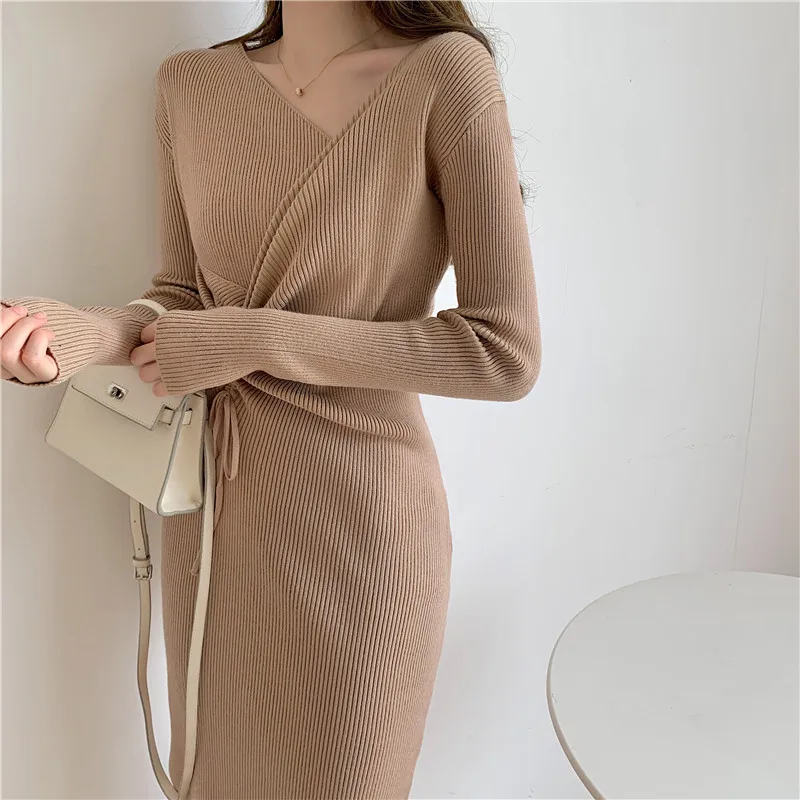 Women V-Neck Drawstring Knitted Midi Dress Korean Elegant Long Sleeve Autumn Winter Female Chic Sweater Dresses
Women V-Neck Drawstring Knitted Midi Dress Korean Elegant Long Sleeve Autumn Winter Female Chic Sweater Dresses
