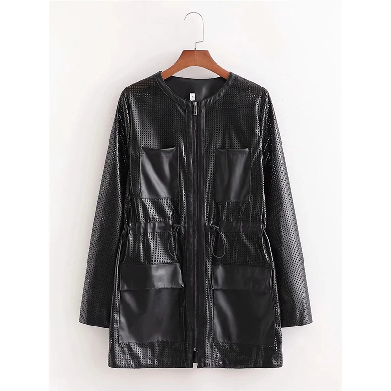 Merodi Fad autumn women stylish faux leather black long jackets outwear female Vogue drawstring waist hollow out pu jacket 
Merodi Fad autumn women stylish faux leather black long jackets outwear female Vogue drawstring waist hollow out pu jacket