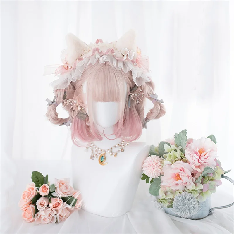 

CosplayMix 30CM+50CM Lolita Mixed Pink Ombre Bob Wavy Bangs Long Short Synthetic Hair Cosplay Wig Ponytails+Cap