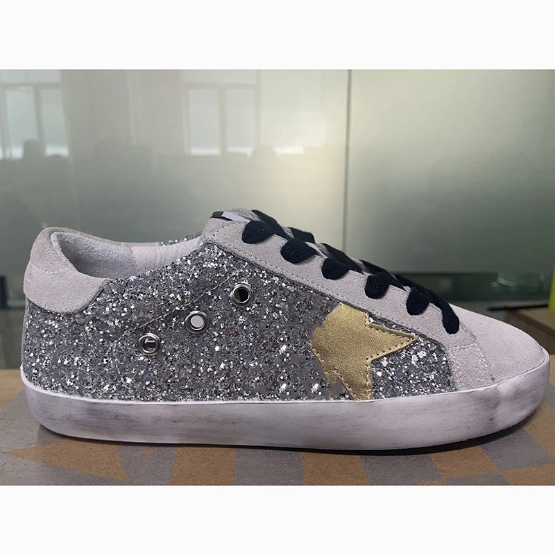 

2021 Four Seasons First Layer Cowhide Retro Children's Small Dirty Shoes Sequined Stars Fashion Parent-child Sneakers ST102