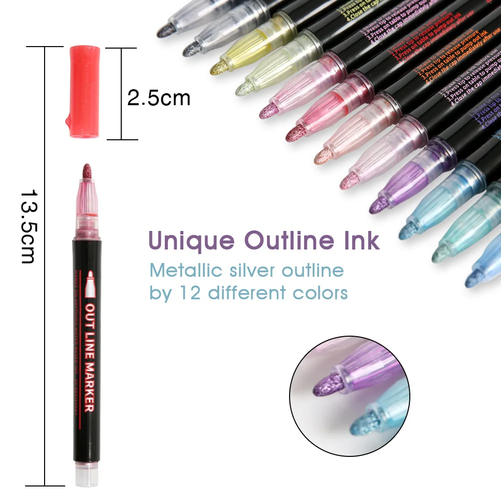 12 Pcs/set Double Line Pen Glitter Marker Pen Outline Pen for Greeting Card Making, Scrap Booking, Painting, DIY Art Crafts
12 Pcs/set Double Line Pen Glitter Marker Pen Outline Pen for Greeting Card Making, Scrap Booking, Painting, DIY Art Crafts