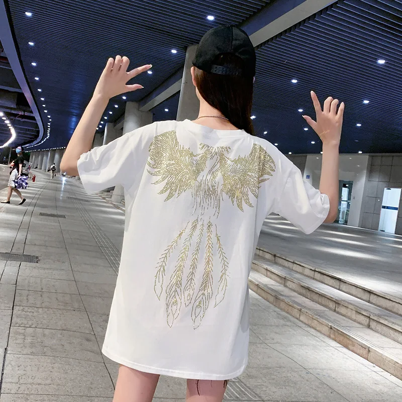 European Style Cotton Hot Drilling Short-Sleeved T-shirt Women's Mid-Length Summer New Bf Plus Size Loose Top Fashion Casual
European Style Cotton Hot Drilling Short-Sleeved T-shirt Women's Mid-Length Summer New Bf Plus Size Loose Top Fashion Casual