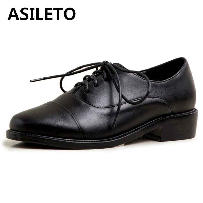 

ASILETO Ladies Spring Autumn Concise Flats Round Toe 3cm Square Heels Lace up Cross-tied Patent Leather Size 31-43 Casual S1904