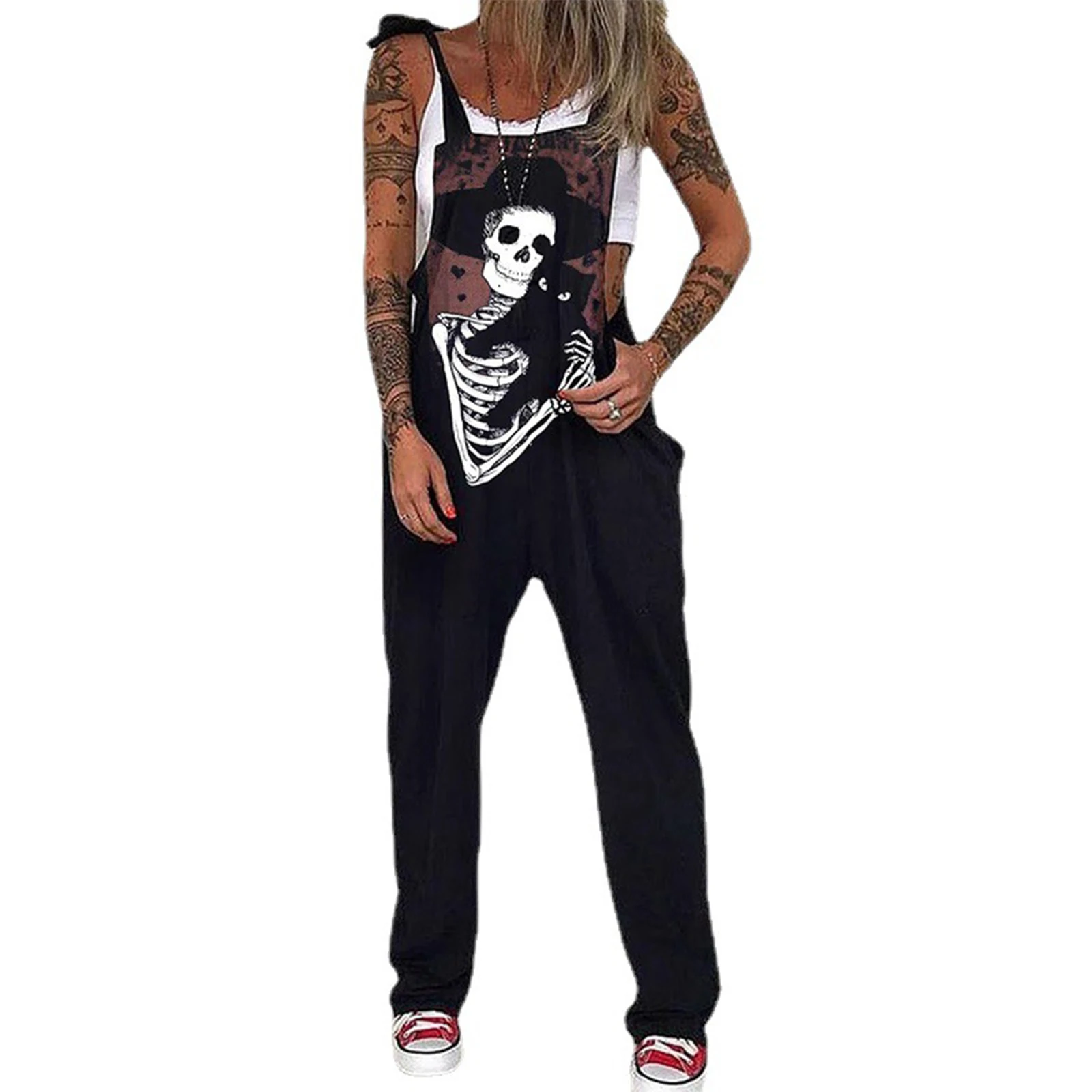 Women's Loose Jumpsuits, Casual Sleeveless Skull Black Cat Print Strap Bib Pants 
Women's Loose Jumpsuits, Casual Sleeveless Skull Black Cat Print Strap Bib Pants