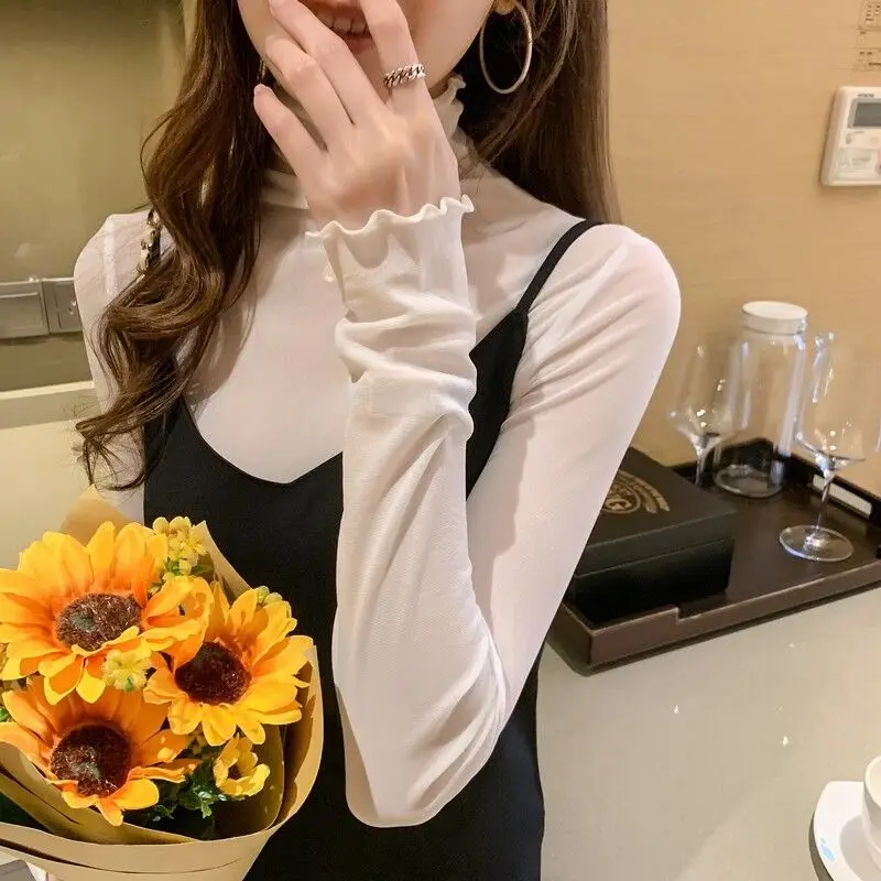 OUMEA Women Sheer Mesh Top Summer Long Sleeve Lettuce Edge High Neck Beach Cover Solid Color Shirt Slim Fit Sweet Basic Tops
OUMEA Women Sheer Mesh Top Summer Long Sleeve Lettuce Edge High Neck Beach Cover Solid Color Shirt Slim Fit Sweet Basic Tops