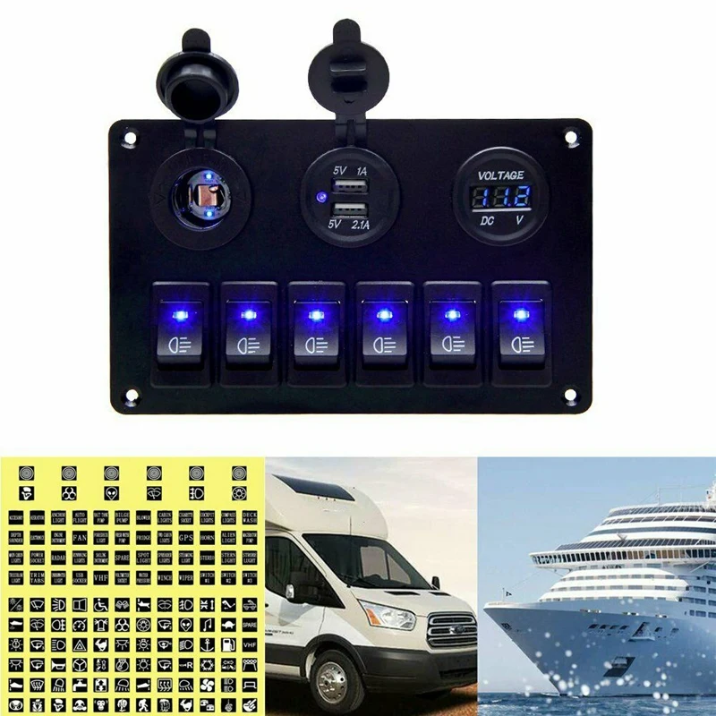 Car Marine Boat 6 Gang Waterproof Circuit Blue LED Rocker Switch Panel Breaker Dual USB
Car Marine Boat 6 Gang Waterproof Circuit Blue LED Rocker Switch Panel Breaker Dual USB