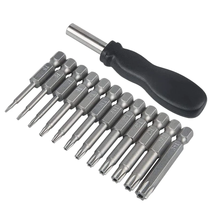 12 Pack Torx Head Screwdriver Bit Set 1/4 Inch Hex Shank T5-T40 Star Screwdriver Tool Kit with 1 Pack Handle
12 Pack Torx Head Screwdriver Bit Set 1/4 Inch Hex Shank T5-T40 Star Screwdriver Tool Kit with 1 Pack Handle