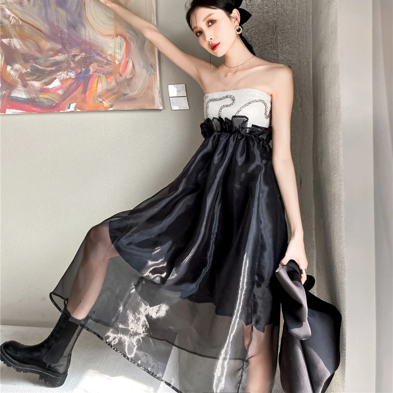 Sleeveless Strapless Dress Women Fashion Splice Organza Beading Slim Sexy Mid-long Big Swing Dresses Party Night Club Summer
Sleeveless Strapless Dress Women Fashion Splice Organza Beading Slim Sexy Mid-long Big Swing Dresses Party Night Club Summer