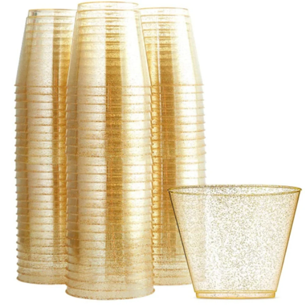 

25 Pcs Disposable Gold Glitter 9OZ Plastic Cups Clear Plastic Tumblers Wedding Thanksgiving Christmas Party Cups