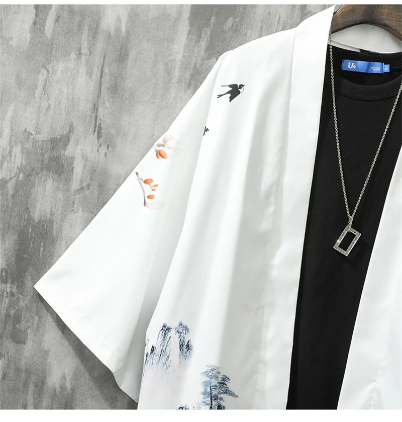 Samurai Cardigan Butterfly Kimono Man Japanese Style Fashion Men's Shirts Three Quarter Sleeve Landscape Printing Haori 2021
Samurai Cardigan Butterfly Kimono Man Japanese Style Fashion Men's Shirts Three Quarter Sleeve Landscape Printing Haori 2021