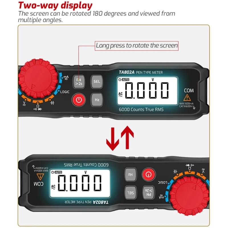 TA802 Pen Digital Multimeter 6000 Counts True RMS Voltage Meter Smart Pen-type Meter with Logic Level Test for Measuring DC/AC
TA802 Pen Digital Multimeter 6000 Counts True RMS Voltage Meter Smart Pen-type Meter with Logic Level Test for Measuring DC/AC