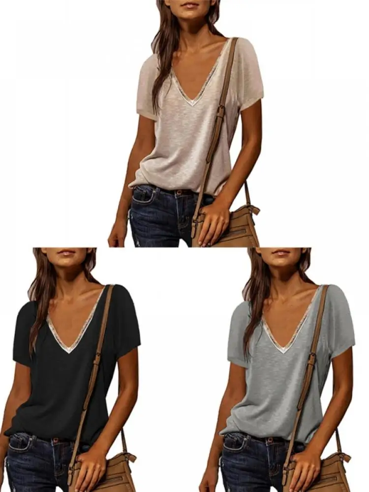 Summer Short-sleeved T-shirt Casual V-neck Loose Tops Women Splicing T-Shirts Casual Tops
Summer Short-sleeved T-shirt Casual V-neck Loose Tops Women Splicing T-Shirts Casual Tops