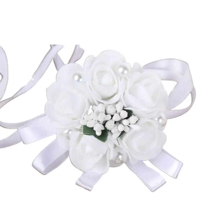 

Women Bridesmaid Girl Wedding White Wrist Corsage Artificial Rose Wrist Flower Imitation Pearl Jewelry Bracelet Prom Party Decor