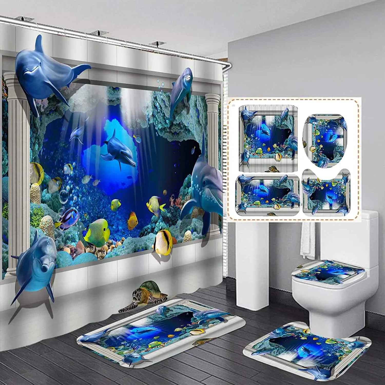 Set Dolphin Shower Curtain Set For Bathroom 3D Cute Sea World Animal Shower Curtain Blue Ocean Fish Shower Curtain Rugs Mats
Set Dolphin Shower Curtain Set For Bathroom 3D Cute Sea World Animal Shower Curtain Blue Ocean Fish Shower Curtain Rugs Mats