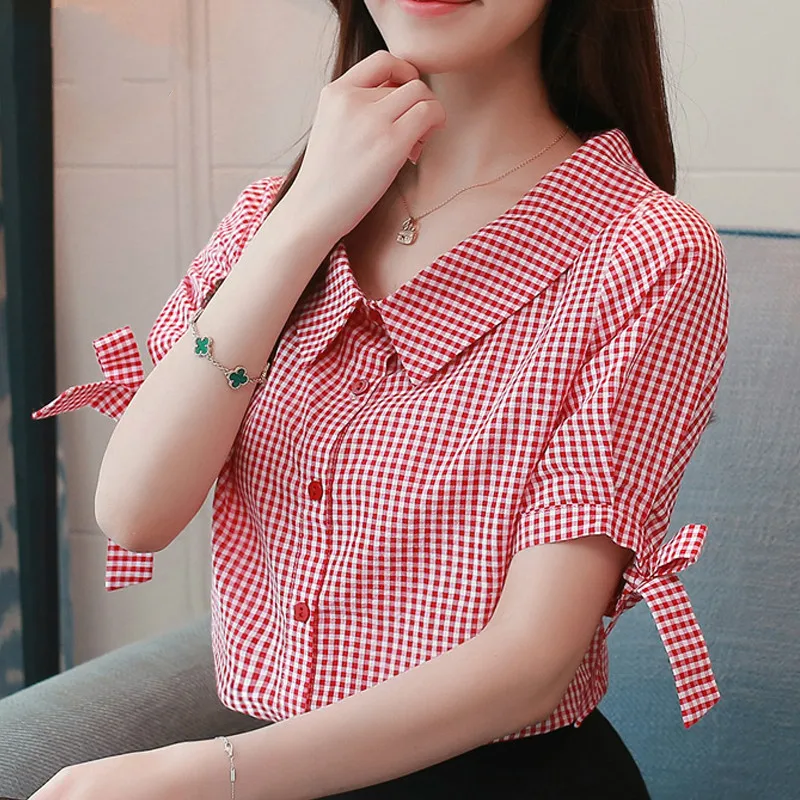 

2019 Moda plaid red stripe blusa camisa das mulheres novas de verAo tops mulheres blusas de manga curta roupas femininas