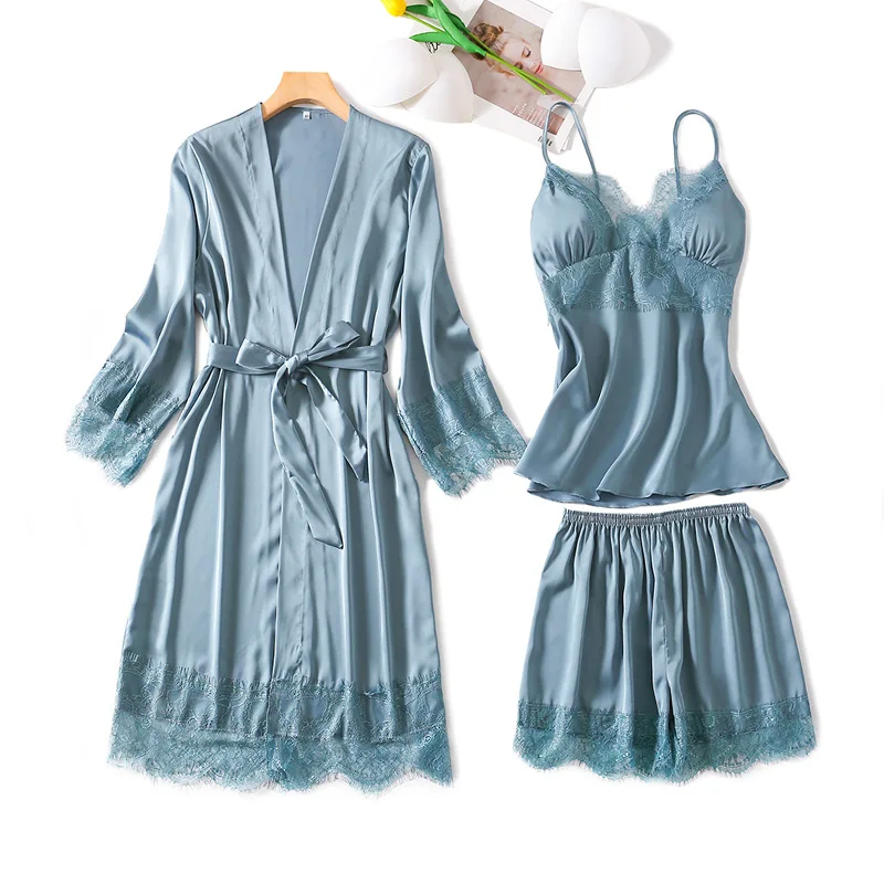 Sexy Lace Trim Women Silk Satin Robe Sling Shorts 3Pcs Sleepwear Suit Summer Pijama Mujer Lingerie Female Pyjama Pajama Set
Sexy Lace Trim Women Silk Satin Robe Sling Shorts 3Pcs Sleepwear Suit Summer Pijama Mujer Lingerie Female Pyjama Pajama Set