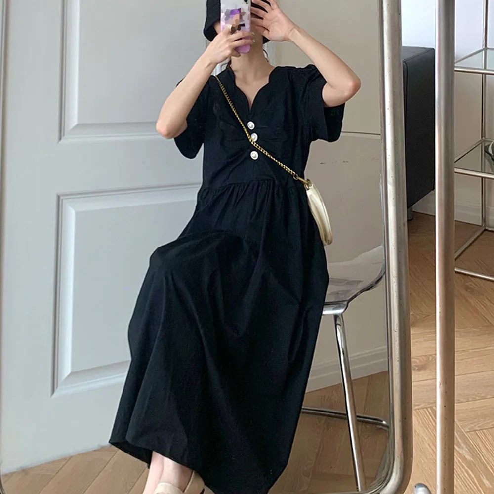 2021 Casual Japan Style Fashion Summer Women's Dress Loose Oversize Simple Popular Pearl Buttons V-neck Puff Sleeve Solid Color
2021 Casual Japan Style Fashion Summer Women's Dress Loose Oversize Simple Popular Pearl Buttons V-neck Puff Sleeve Solid Color