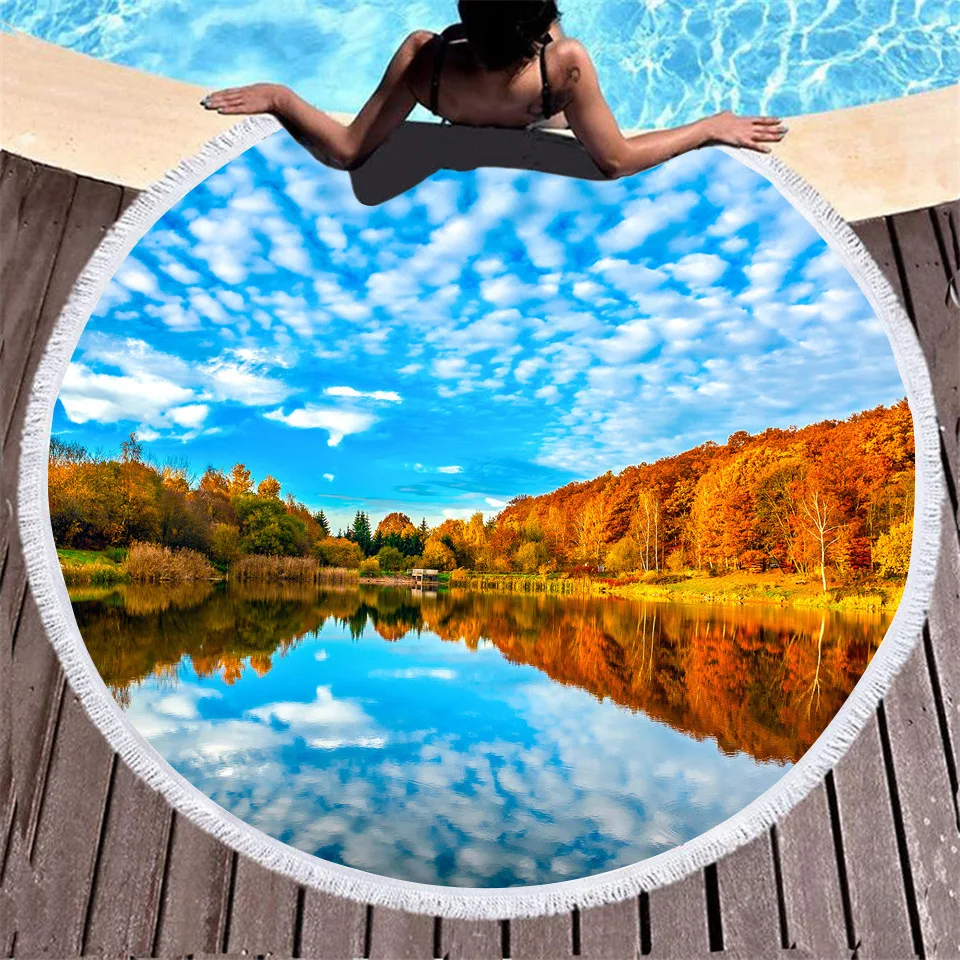 

Beautiful Scenery Flower Print Microfiber Round Diameter 150cm Outdoor Bath Towels 3D Printed Beach Towel Feel Soft with Tassels