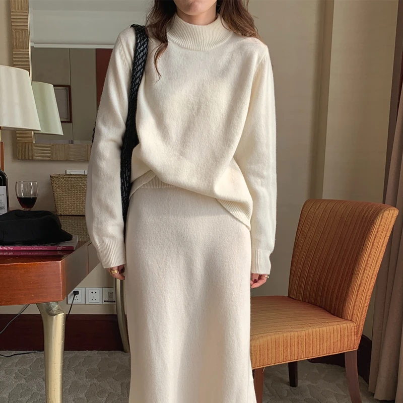 2021 Autumn Elegant Women Thicken Warm Loose 2 Pieces Knitted Set Turtleneck Long Sleeve Sweaters & Pencil Midi Skirts
2021 Autumn Elegant Women Thicken Warm Loose 2 Pieces Knitted Set Turtleneck Long Sleeve Sweaters & Pencil Midi Skirts
