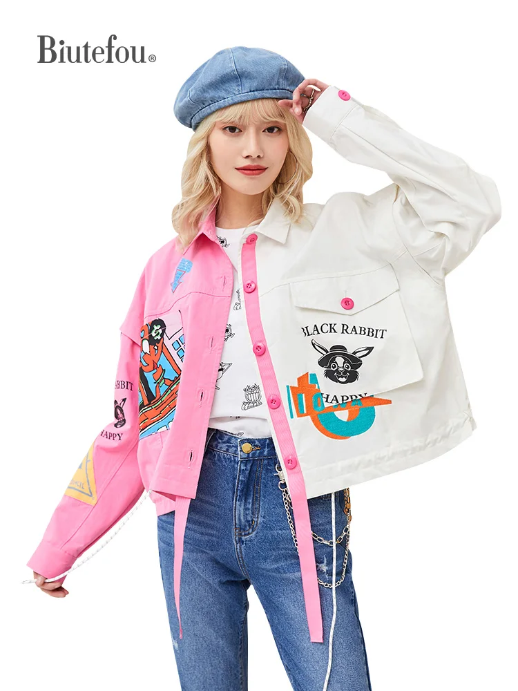 2021 Spring Women Loose Cartoon Print Contrast Panel Jacket 
2021 Spring Women Loose Cartoon Print Contrast Panel Jacket