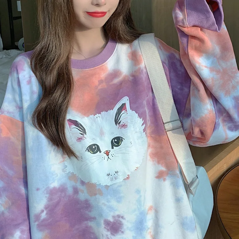 Women's Hoodies Sweatshirt Kawaii Skirt Cute Tie Dye Cat Fashion Korean Style Tie Dyed Casual Loose Print round Neck Top Female
Women's Hoodies Sweatshirt Kawaii Skirt Cute Tie Dye Cat Fashion Korean Style Tie Dyed Casual Loose Print round Neck Top Female
