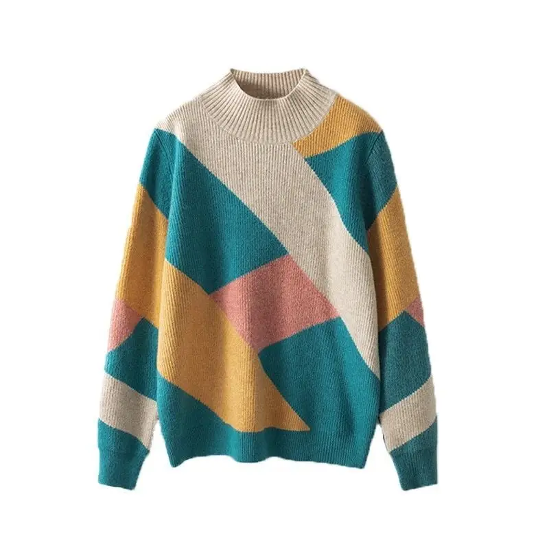 New color matching sweater women's loose fitting Pullover knitted base coat thickened half high collar sweater
New color matching sweater women's loose fitting Pullover knitted base coat thickened half high collar sweater