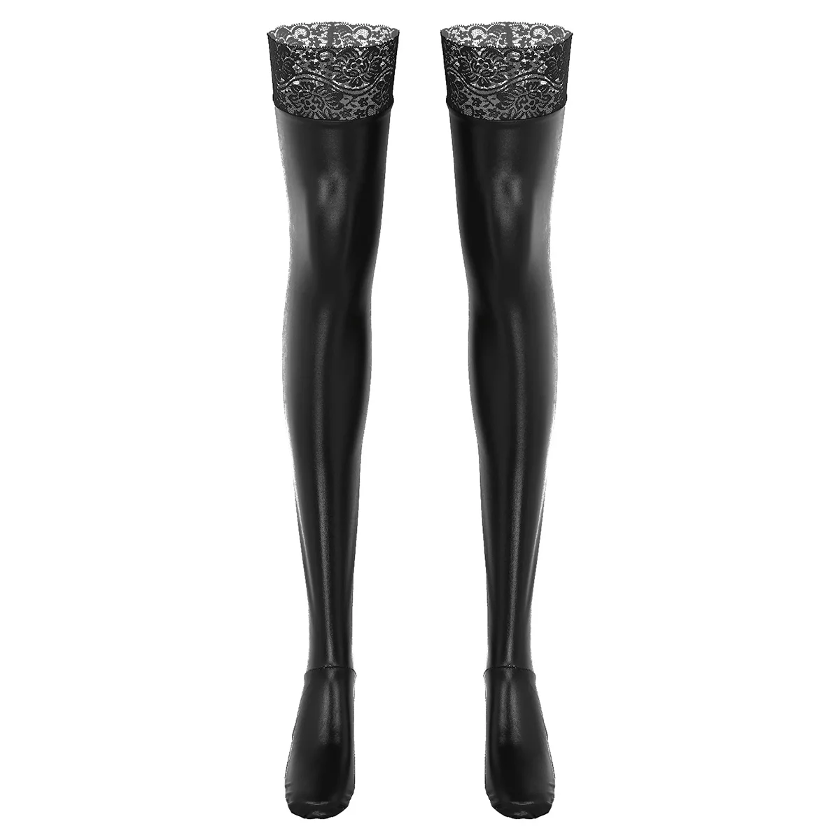 

Women Thigh High Stockings Sexy Lace Floral Latex Long Socks Wet Look Patent Leather Stocking Anti Slip Stay Up Hosiery Lingerie