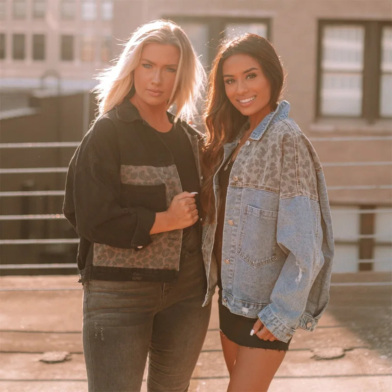 Spring and autumn women's denim jacket female leopard pattern stitching long-sleeved short 
Spring and autumn women's denim jacket female leopard pattern stitching long-sleeved short