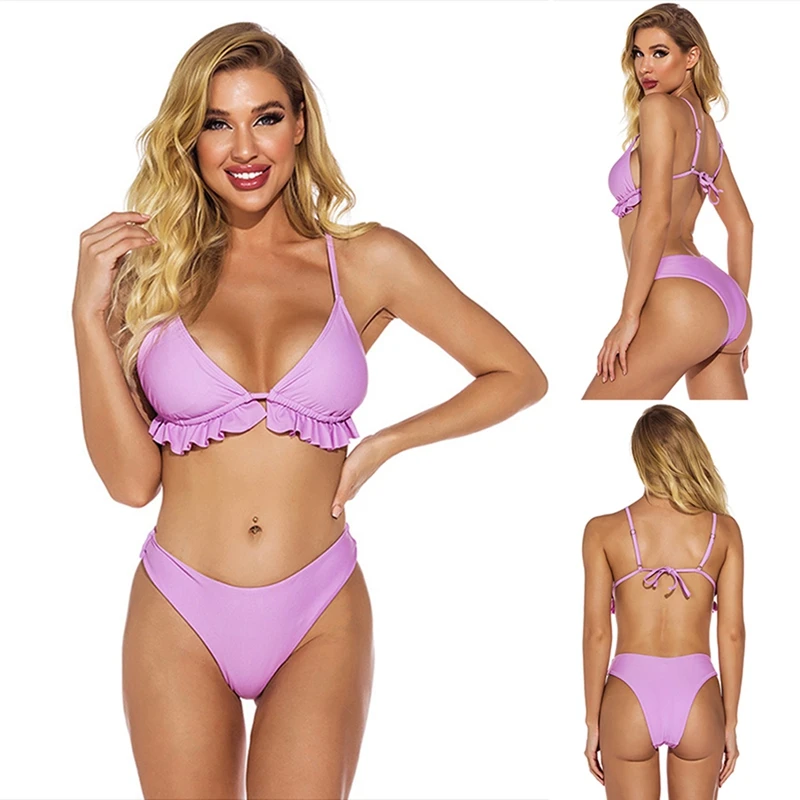 Лидер продаж, Женский однотонный купальник kf с оборками и разрезом, пикантное розовое бикини с открытой спиной 
Лидер продаж, Женский однотонный купальник kf с оборками и разрезом, пикантное розовое бикини с открытой спиной