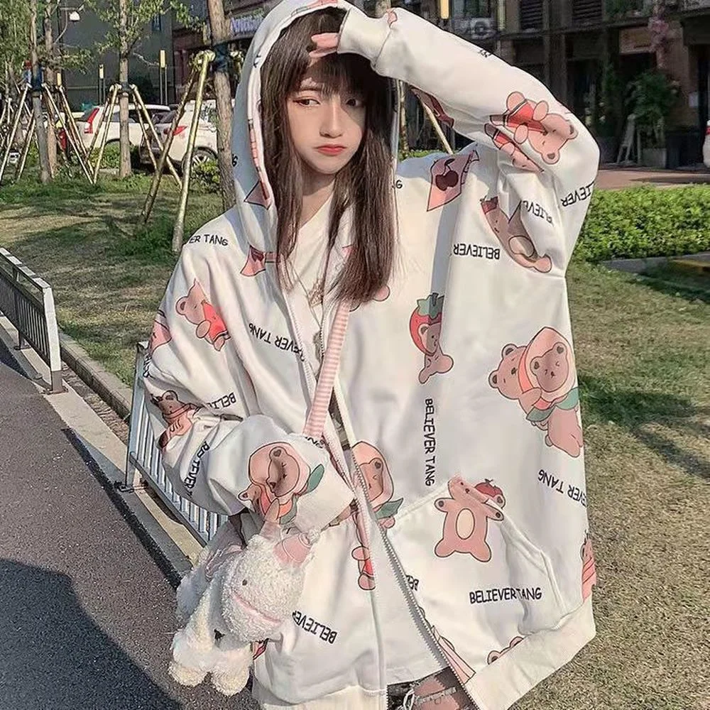 Spring Sweet Japanese Streetwear Hoodies Girls Loose Cute Cartoon Baby Bear Print Zipper Hooded Women Kawaii Outerwear
Spring Sweet Japanese Streetwear Hoodies Girls Loose Cute Cartoon Baby Bear Print Zipper Hooded Women Kawaii Outerwear