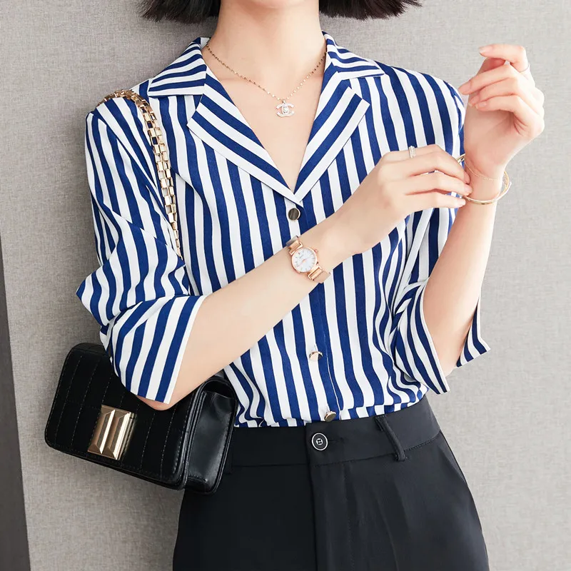 Women Shirt Chiffon Blue Striped Blouses for Women Short Sleeve Top Women Button Up V-neck Shirts Female 2021 Summer Basic Shirt
Women Shirt Chiffon Blue Striped Blouses for Women Short Sleeve Top Women Button Up V-neck Shirts Female 2021 Summer Basic Shirt