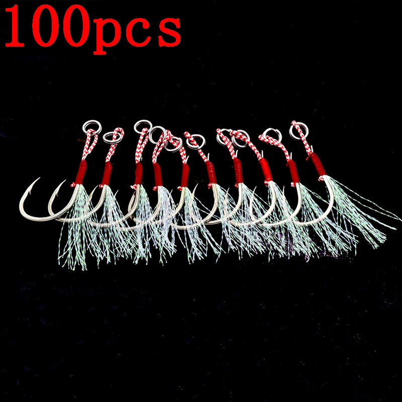 100pcs/Lot Assist Hook Fishing Lure Slow Jigging Fish Cast Jigs Barbed Single Jig Hooks Thread Feather Pesca Carbon Steel Peche | Спорт