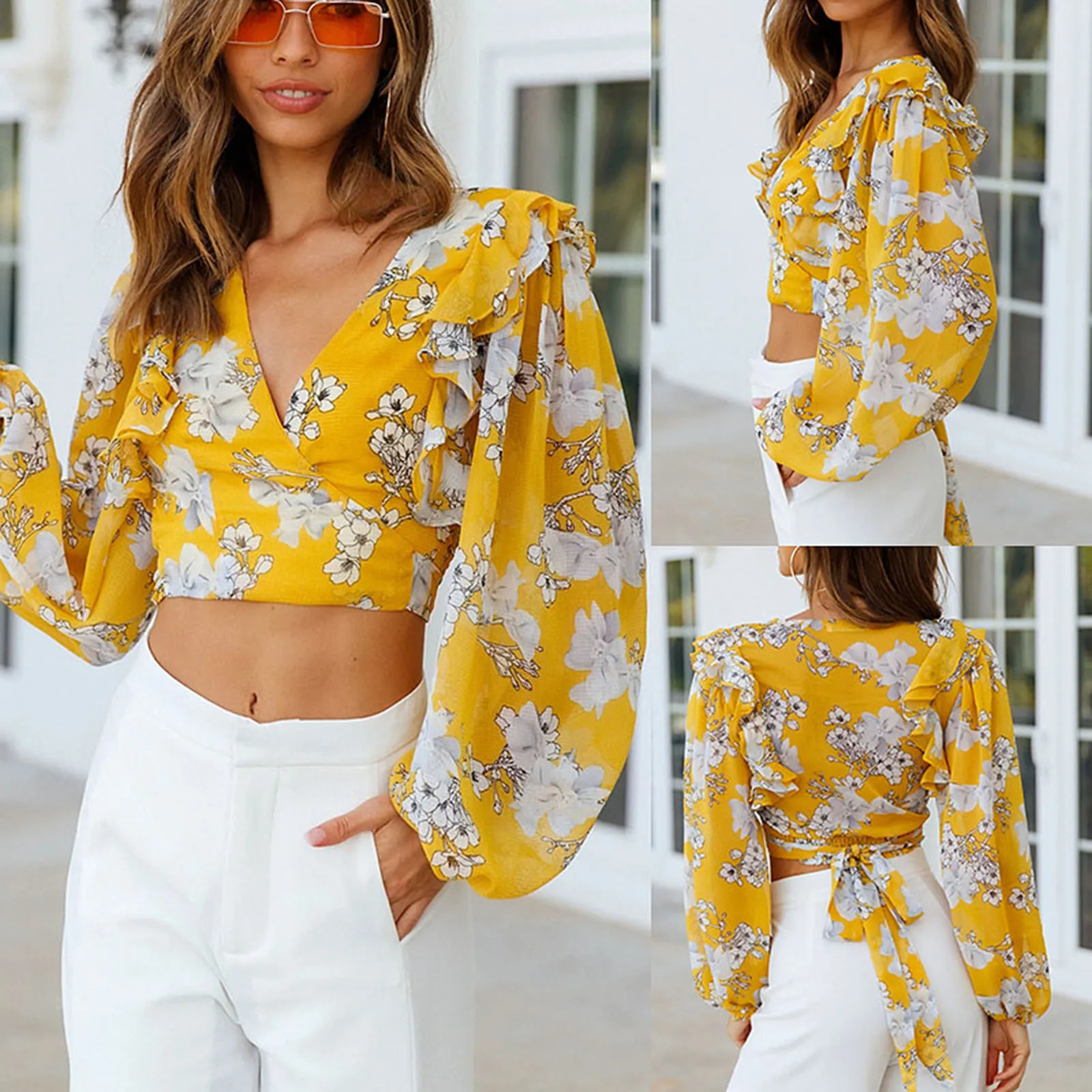 Women Floral Print Crop Tops, Long Lantern Sleeve Wrap V Neck Tie Knot Back T-Shirts
Women Floral Print Crop Tops, Long Lantern Sleeve Wrap V Neck Tie Knot Back T-Shirts